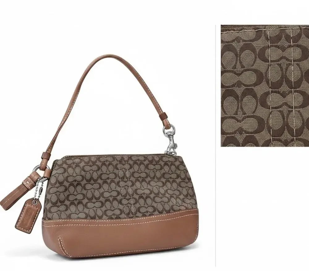 VTG Coach Signature C Mini Wristlet Clutch Pouch Brown Canvas Tan Leather Y2K